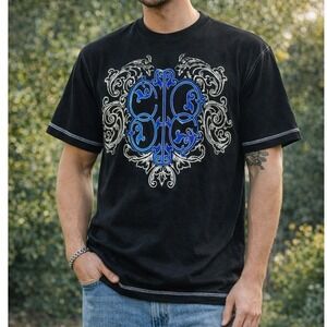 Coogi Men's XXL Black Graphic T-Shirt Blue Silver Embroidered Filigree Logo Tee